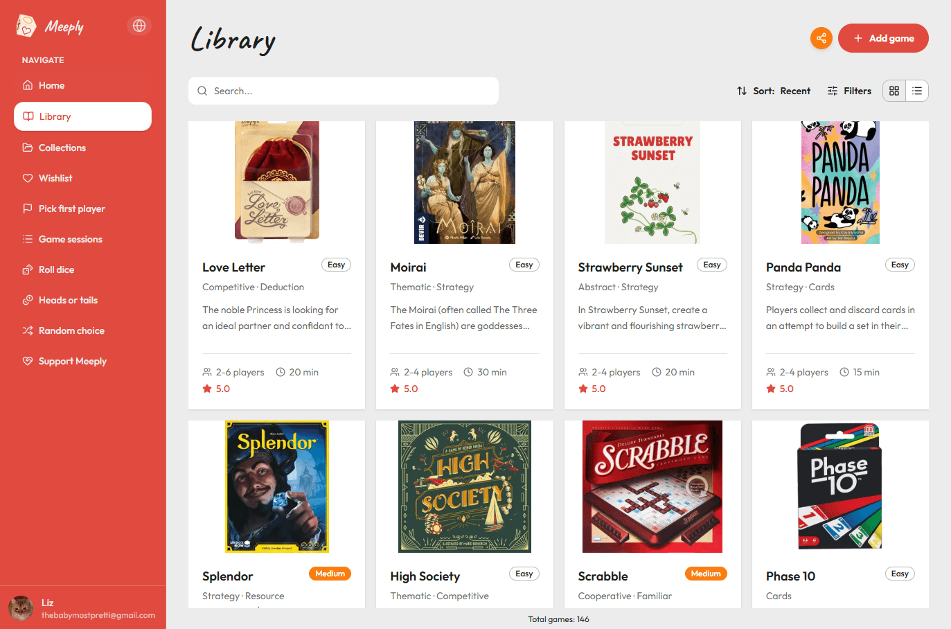 Meeply library showing board games in a grid