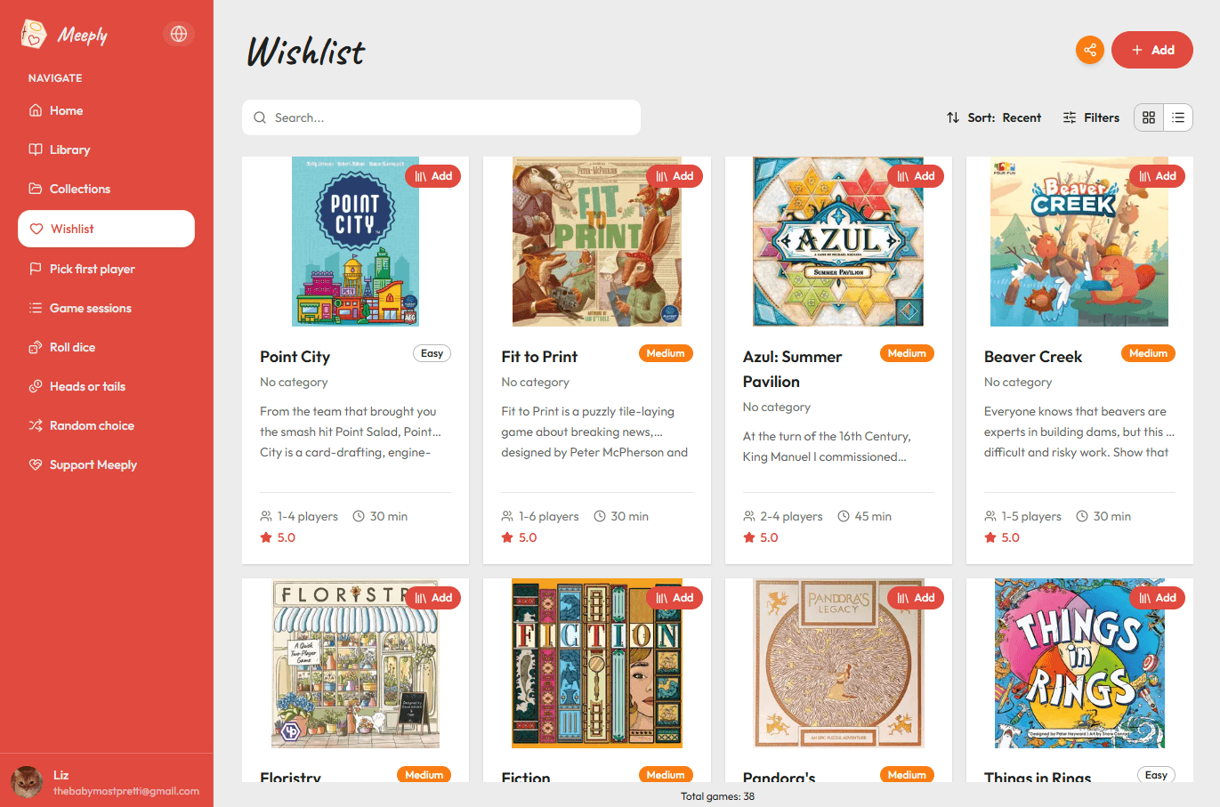 Meeply wishlist with board games to play next